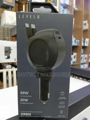 Levelo Orbis 4-in-1 88w Car Charger With Dual Retractable Cables.