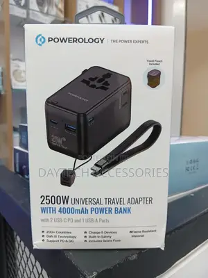 Powerology 2500w Universal Travel Adapter With a 4000mah Power Bank.