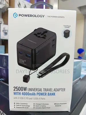 Powerology 2500w Travel Adapter With 4000mah Power Bank - Black