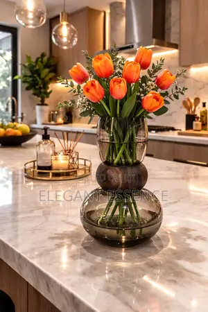 Nordic Modern Creative Dark Glass Vase With a Wooden Ring Size : 28cm