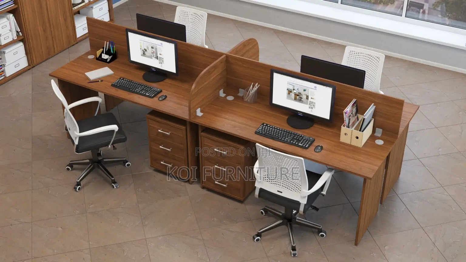 Office Workstation; Four Users Brown Executive Office Workstation Desk