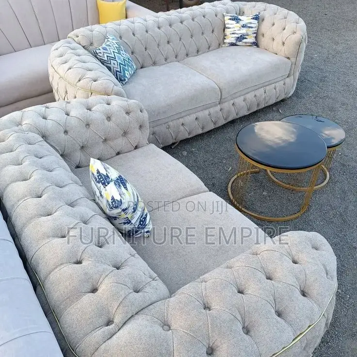 Light Grey Tufted Sofa Set With Rounded Arms