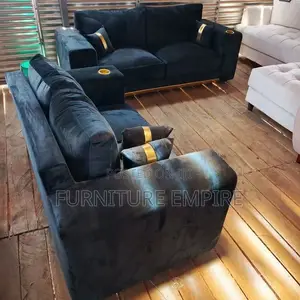 Dark Blue Velvet Sofa Set With Gold Accents