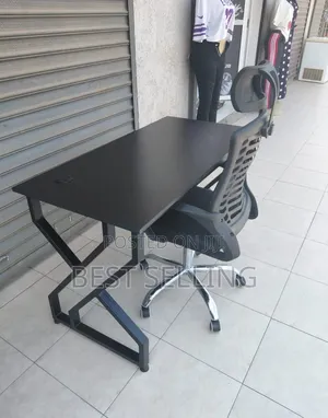 Modern Black Metallic Study Desk and Headrest Chair