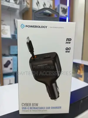 Powerology Cyber 81w Usb C Retractable Dual Port Fast Car Charger.