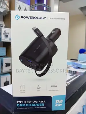 Powerology 115w Type-C Retractable Car Charger.