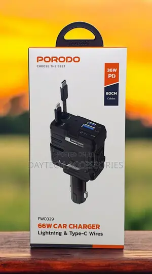 Porodo 66w Car Charger With Lightning and Type C Cable Black