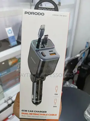 The Porodo 65w Car Charger With Dual Retractable Cables.