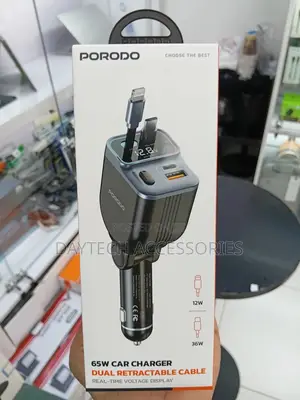Porodo 65w 4-in-1 Car Charger Retractable Type-C Lightning Cables