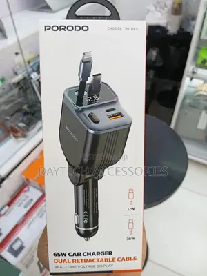 Porodo 65w Car Charger Dual Retractable Cables Typec Lightning - Black