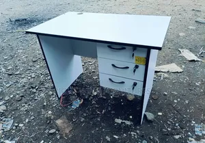 All White Office Table With Black Trips
