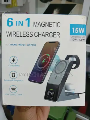 6 in 1 Magnetic Wireless Charger Qi With Led Light and Alarm Clock