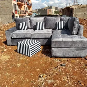 Black/Grey L Shape 5 Seater Sofa + Ottoman + Small Pillows