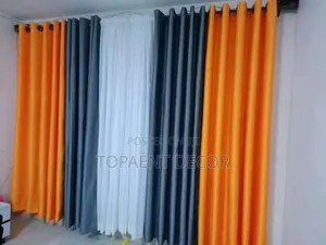 Soft Plain Orange and Grey With White Sheer Window Curtain Set