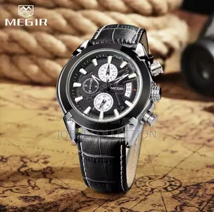 Megir Chronograph Black Leather Straps Gents Watch