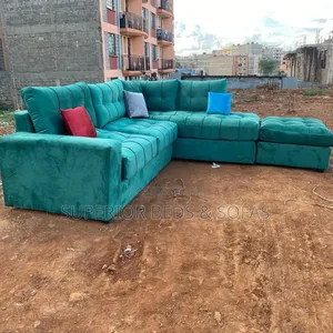 Green Fabric L-Shaped Sofa + Ottoman