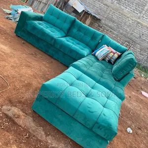 Green Velvet L-Shaped Sofa (5-Seater +Ottoman)