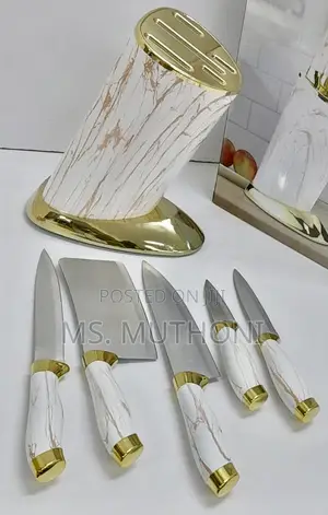 6pc Marble-Textured Handles and a Round Gold-Plated Stand Knife Set