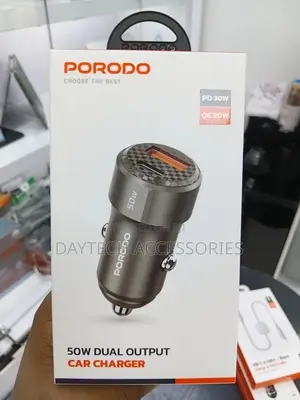 Porodo 50w Dual Port Car Charger With a Carbon Fiber Print Finish.