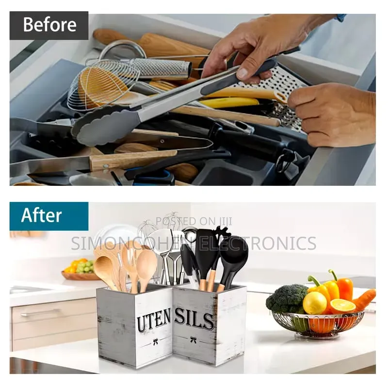 Wooden Kitchen Utensils/Cutlery Holder With a White Rustic Finish