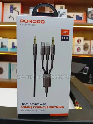 Porodo 3 In1 Aux 3.5 to 3.5+C+Lightning Cable 1.2m - Black