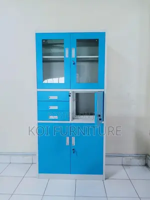 Office Cabinet; Blue Colorful Steel Cabinet With Glass View Doors