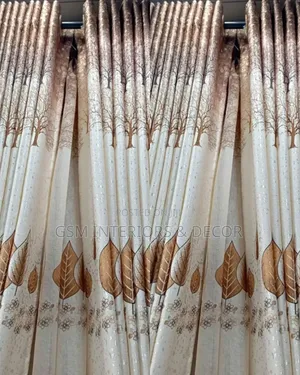 Cream-Brown Flowered Home Curtains With Glittering Details