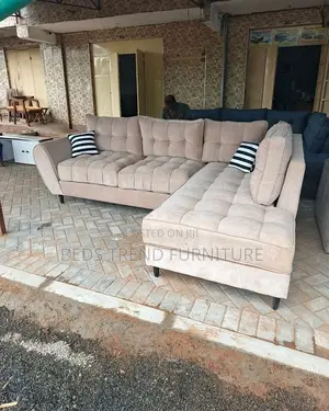 6 Seater Beige Tufted L Seat Sofa Set