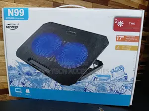 N99 Laptop Cooling Pad With Blue Led Fans and a Metal Mesh Surface.