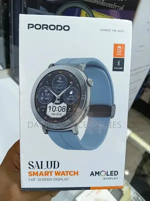 This Is a Porodo Salud Smart Watch With a Light Blue Band.