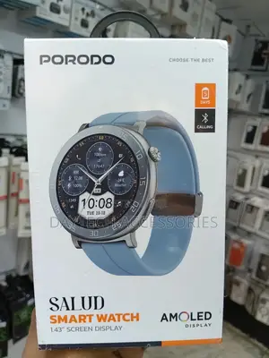 Porodo Smartwatch 1.43 Amoled Aluminum Bezel + Blue Silicone Strap