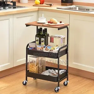 Multipurpose, Three-Tier Rolling Utility Cart With a Wooden Top Shelf