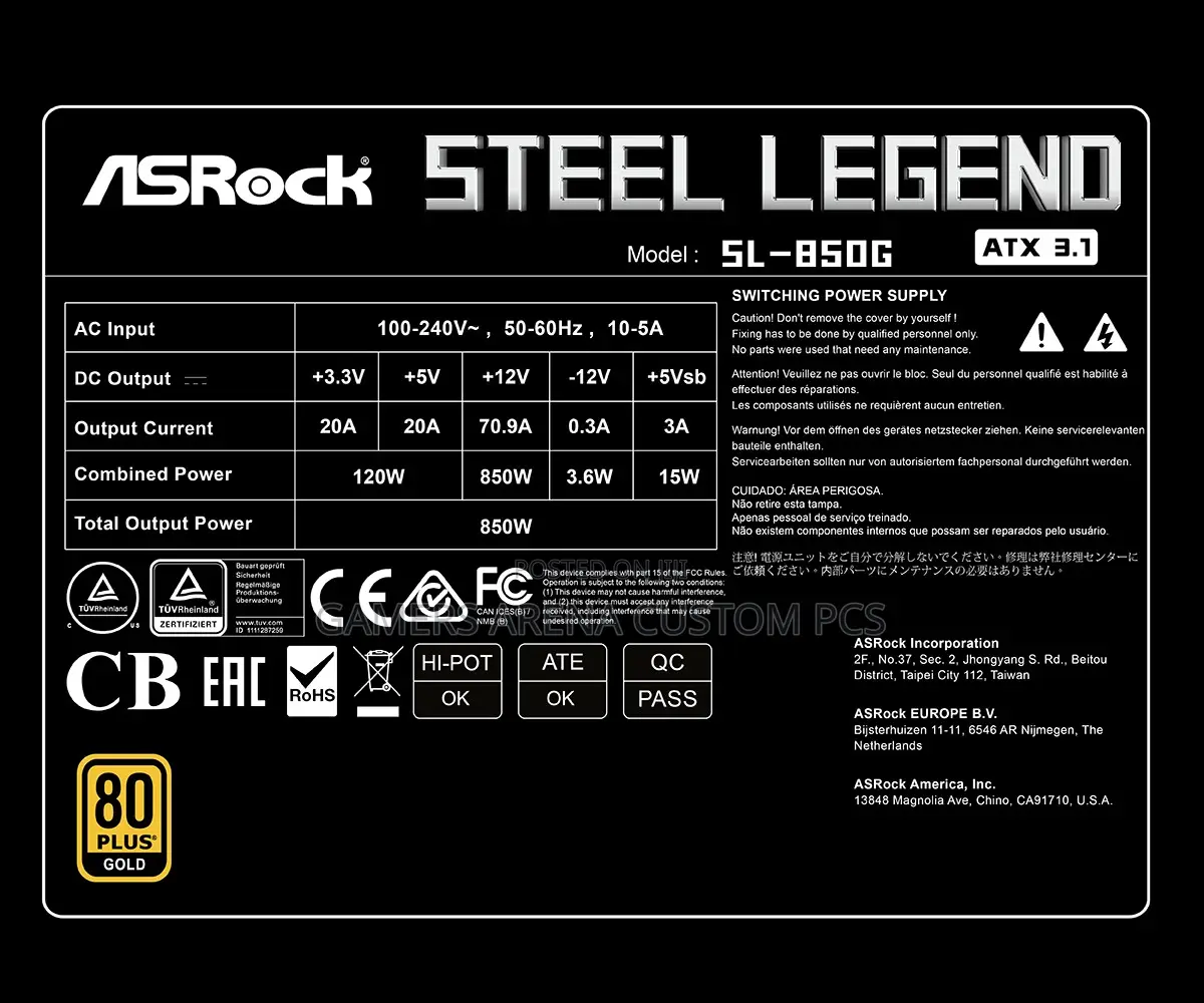 Asrock Sl-850g 850 Watt 80 Plus Gold Atx 3 Fully Modular Power Supply