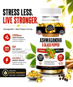 Powerful Ashwagandha 1300mg + Black Pepper for Stress, Energy Focus