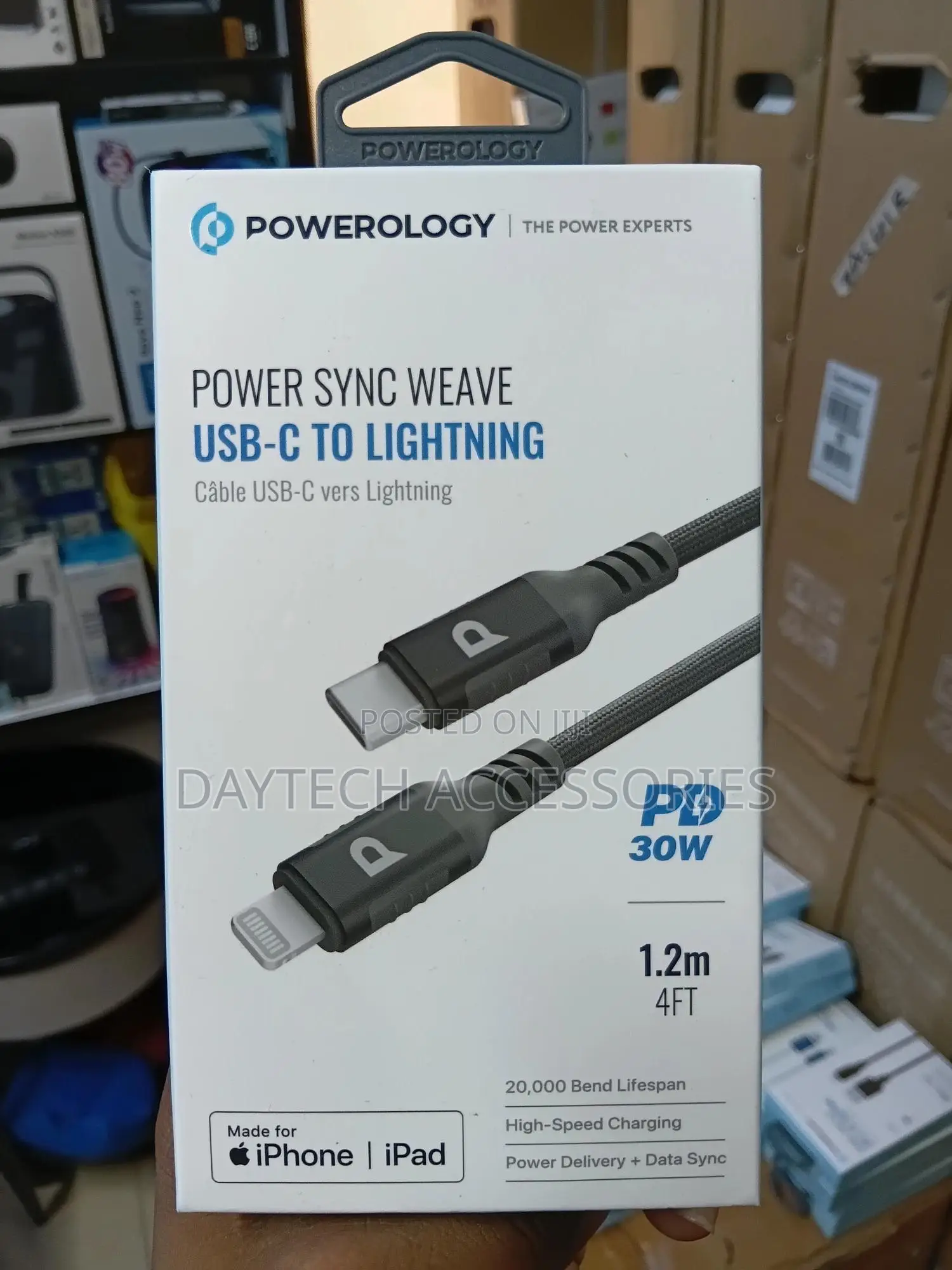 The Powerology Power Sync Weave Usb-C to Lightning Cable.