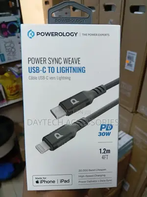 The Powerology Power Sync Weave Usb-C to Lightning Cable.