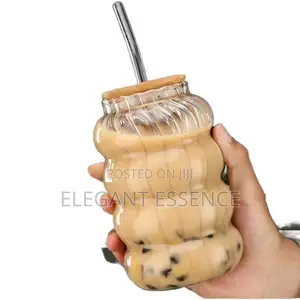 Insulated Striped Glass Drink Cup With Bamboo Lid and Straw-500ml