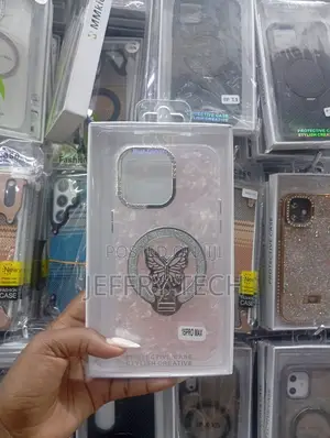 Pearl White Butterfly Bejeweled Kickstand Case for iPhone 15 Pro Max