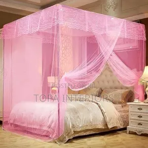 Ready Made Pink Bed Mosquito Nets With Four Metallic Stands