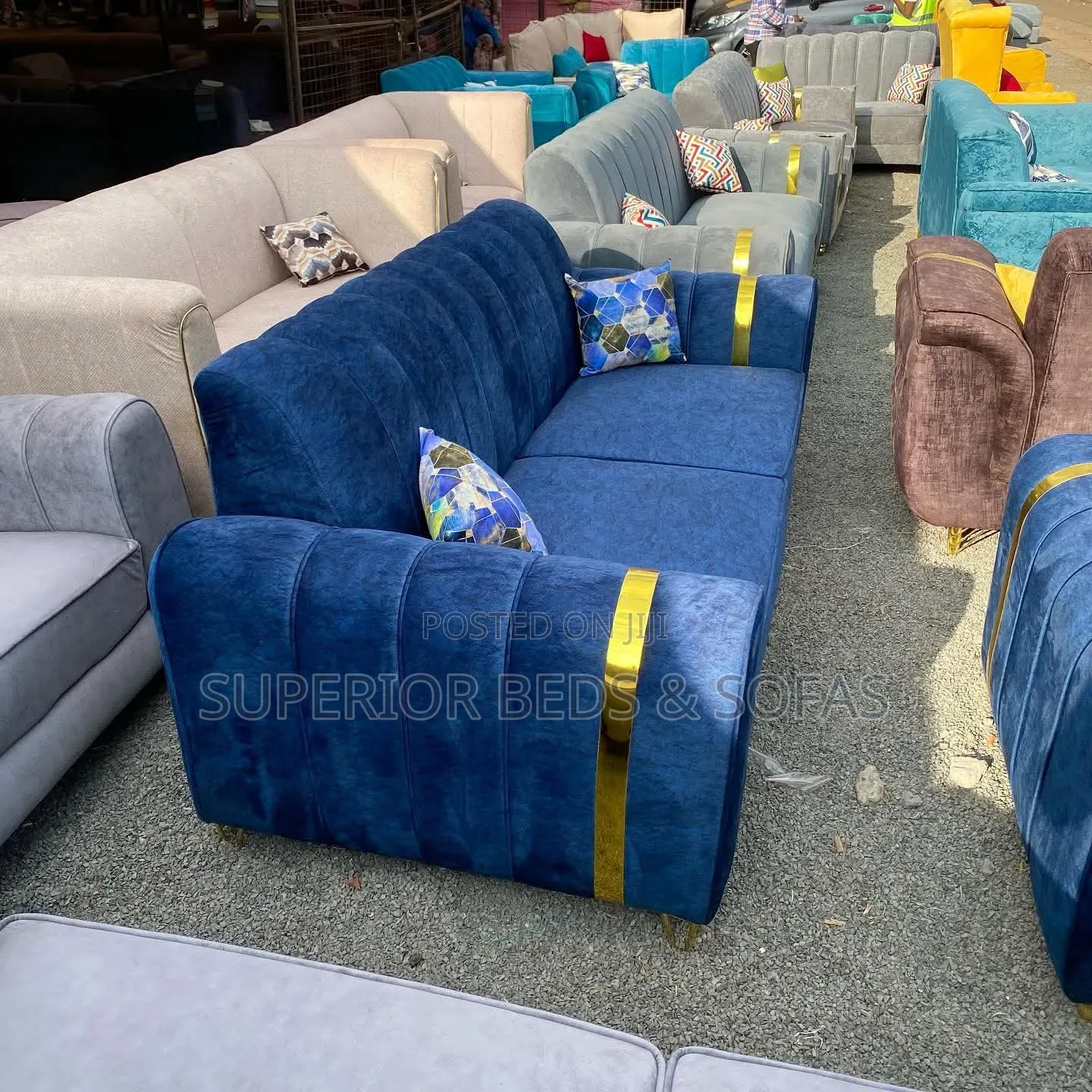 Blue 3 Seater Sofa With Pillows