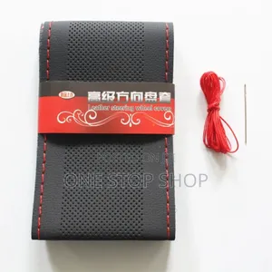 Black Leather Steering Cover Diy Kit With Red Stitching Thread