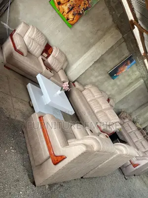 Elegant Beige Leather Sofa Set With Wooden Trim