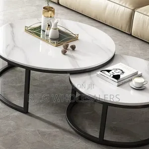 2-in-1 Pure Marble Nesting Coffee Tables Black Frame