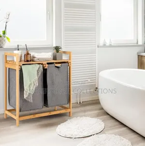 Bamboo Twin Partition Laundry Organizer With Storage Shelf
