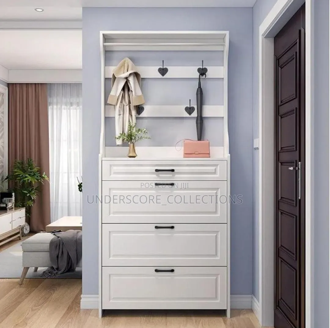 White Narrow Shoe Cabinet With Hanger