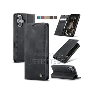 iPhone 16 Wallet Case - Black Suede Leather Flip With Kickstand