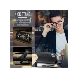 iPhone 16 Wallet Case - Black Suede Leather Flip With Kickstand