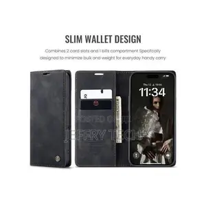 iPhone 16 Wallet Case - Black Suede Leather Flip With Kickstand