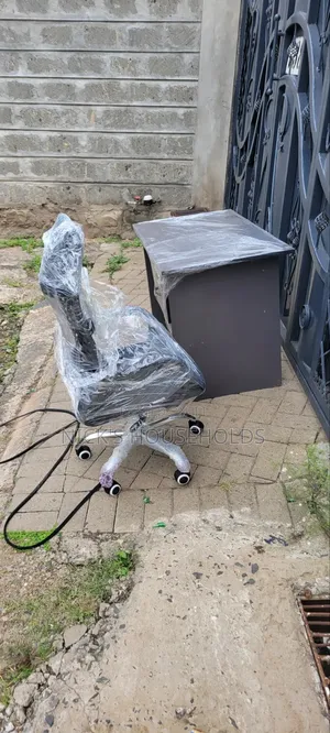 Gray Office Desk With Office Chair With Headrest Set