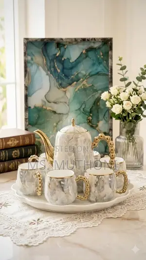 Luxury Marble-Pattern Ceramic Tea Set With Gold Accents